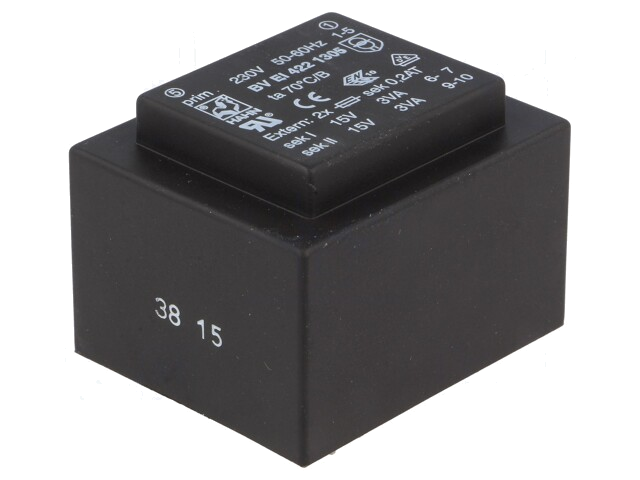 Transformator: ingegoten; 6VA; 230VAC; 15V; 15V; 200mA; 200mA; PCB Transformator: ingegoten; 6VA; 230VAC; 15V; 15V; 200mA; 200mA; PCB